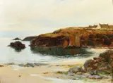 British, a view of boats in Polurrian Bay, Cornwall by Richard Wane, oil on canvas, sold May 2023