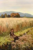 A young girl seated at the edge of a field with figures and a church on the far side by George Cole, oil on board, sold May 2023