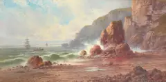 British, A shore scene with large cliffs and boulders, seagulls gathered round a fish basket, waves crashing against the rocks with shipping out to sea by Sidney Yates Johnson, 1909, oil on canvas, sold May 2023