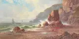 British, A shore scene with large cliffs and boulders, seagulls gathered round a fish basket, waves crashing against the rocks with shipping out to sea by Sidney Yates Johnson, 1909, oil on canvas, sold May 2023