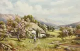 A wonderful painting, A spring day in the valley with trees in blossom and a young girl feeding doves near to a thatched cottage by Robert John Hammond, oil on canvas, offered May 2023