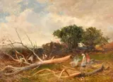 British, A landscape with men chopping a fallen tree with other figures near a fire by David Bates, 1896, oil on canvas, sold May 2023