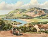 A milkman seated on a cart being pulled by a donkey in an Irish landscape by Hugh Crosby, oil on board, sold May 2023