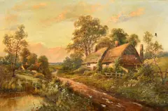 British, thatched cottage by a river with wildflowers by Walter Wallor Caffyn, oil on canvas, sold May 2023