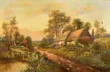 British, thatched cottage by a river with wildflowers by Walter Wallor Caffyn, oil on canvas, sold May 2023