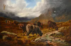 British, Highland Cattle watering in a stream by a Loch under breaking clouds by William Perring Hollyer, oil on canvas, sold May 2023