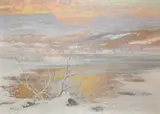Swedish, dusk over a mountain lake, a winter landscape by Carl Brandt, oil on canvas, sold May 2023