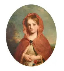 British, a half-length portrait of a girl in a red cloak carrying a basket of wildflowers by Charles Baxter, oil on canvas, offered May 2023