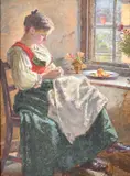 German, a young female in traditional dress sat sewing by a window by Carl Kricheldorf, oil on panel, sold May 2023