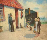 Children watching a figure playing a squeezebox by a by Jeannie Morrison Rose, 1901, oil on canvas, sold May 2023