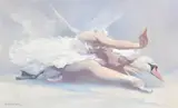 British, Swan Lake, a female figure and a white swan by Tony Butler, oil on canvas, offered May 2023