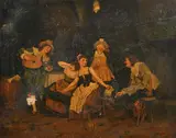 Italian, A pair of interior scenes with men and maidens merrymaking, singing and drinking, oils on canvas, both signed and with labels verso, each 12.5" x 15.5 by L. Cerale, oil, sold May 2023