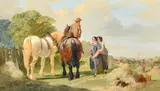A young man with heavy horses chatting to young ladies in a field gathering in the hay by Hy. Woollett, 1856, oil on canvas, sold May 2023