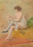 A semi clad woman seated sewing a stocking by Gaston Gérard, oil on board, sold May 2023