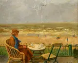 Netherlands, A lady seated at a table having tea looking out to sea, with figures on the beach by R. Ives Browne, oil on canvas, sold May 2023