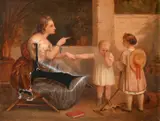 A seated lady with two children, one being told off by Henri Picou, oil on canvas, sold May 2023