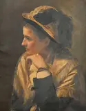 Head and shoulders portrait of a young lady wearing a straw bonnet with a black bow by Blanche F. MacArthur, oil on canvas, sold May 2023