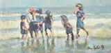 Children playing and paddling on the beach, one oil on canvas by Ross Foster, oil on canvas, sold May 2023