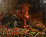 French, A large copper tea urn sitting on a large rug with a saddle, metal stirrups and a sword by Victor Leclaire, oil on canvas, sold May 2023