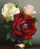 A red, white and pink rose with dew drops in a China vase by Irene Klestova, oil on board, sold May 2023