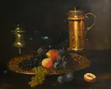 A still life of mixed objects including a gold platter with fruit by E. Didier, oil on canvas, sold May 2023