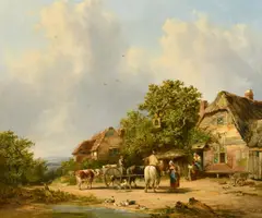 British, figures gathered outside the Bell Inn, with inscription 'Lodgings for Man and Horse by Richard H. Hilder, oil on canvas, sold May 2023