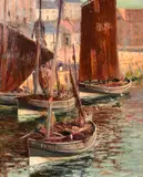 British, fishing boats leaving Berwick on Tweed by H.L. Robinson, oil on canvas, sold May 2023