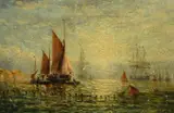 A busy shipping scene off the coast with fishing nets cast and sailing boats and tall ships on the water by Adolphus Knell, oil on board, sold May 2023