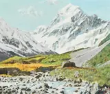 New Zealand, a view of a mountain peak, said to be Mount Cook by F. R. Ord, oil on board, offered May 2023