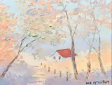 American, a dwelling by a tree lined pathway by Dee McCollum, oil on canvas, sold May 2023