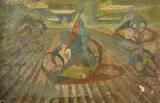 A surrealist landscape composition by Raymond Myerslough-Walker, oil on canvas, sold May 2023