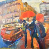 French / Romanian, figures holding umbrellas in a busy city street by Maria Margarita Iuca, oil on canvas, sold May 2023
