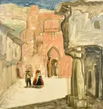 Figures in a street by Emile Gastemans, 1951, oil on board, sold May 2023