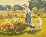 Russian, A mother and child admiring flowers in a park by Jakov Besperstov, oil on canvas, offered May 2023