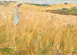 Russian, A lady in a cornfield by Vladimir Trofimovich Skryabin, oil on board, sold May 2023