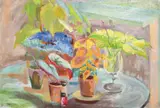 British, A still life of mixed plants in pots on a table by Phyllis Bray, oil on canvas, sold May 2023