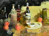 Ukraine, still life study of bottles and oranges by Sergey Kovalenko, oil on canvas, offered May 2023