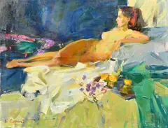 Ukraine, a study of a reclining nude female by Sergey Kovalenko, oil on canvas, sold May 2023