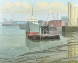 Blackwall Reach and Cable Ship by Anne E. Christopherson, oil on canvas, sold May 2023