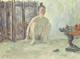 An interior scene with nude young woman in a squatting position on the floor, probably a self-portrait by Shelia Tiffin, oil on canvas, sold May 2023