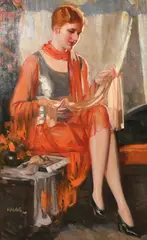 British, Portrait of an elegant lady seated holding a stocking by Clifford Webb, oil on canvas, sold May 2023