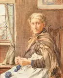Old Woman Knitting by Henry Meynell Rheam, watercolour, sold May 2023