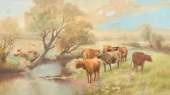 British, A landscape view with cattle by the edge of a stream and a small flock of sheep resting by Tom Rowden, watercolor, sold May 2023