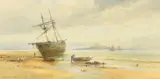 Danish, A beach scene with two figures, moored boats and sailing boats out to sea, a castle in the distance by Emil Axel Kraese, watercolour, sold May 2023