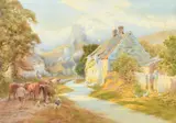 British, Moving the herd through the village, a ruined castle on a hill beyond by Charles James Adams, watercolour, offered May 2023