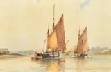 British, Sailing boats in a calm travelling along a river with buildings along the banks by F.J. Aldridge, watercolour, sold May 2023