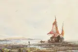 Unloading the catch, two fishing boats on the sand at low tide, Berwick on Tweed by Frank Wasley, watercolour, sold May 2023
