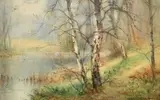 British, Autumn, swans on a pond in a forest with silver birch trees by Taylor Ireland, watercolour, sold May 2023