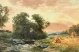 Scottish, A landscape view of figures gathering in the hay near to a winding stream by John Hamilton Glass, watercolour, sold May 2023