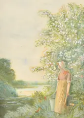 A mother and child sitting in flowers at the edge of a pond with white ducks by Fred Hines, watercolour, sold May 2023